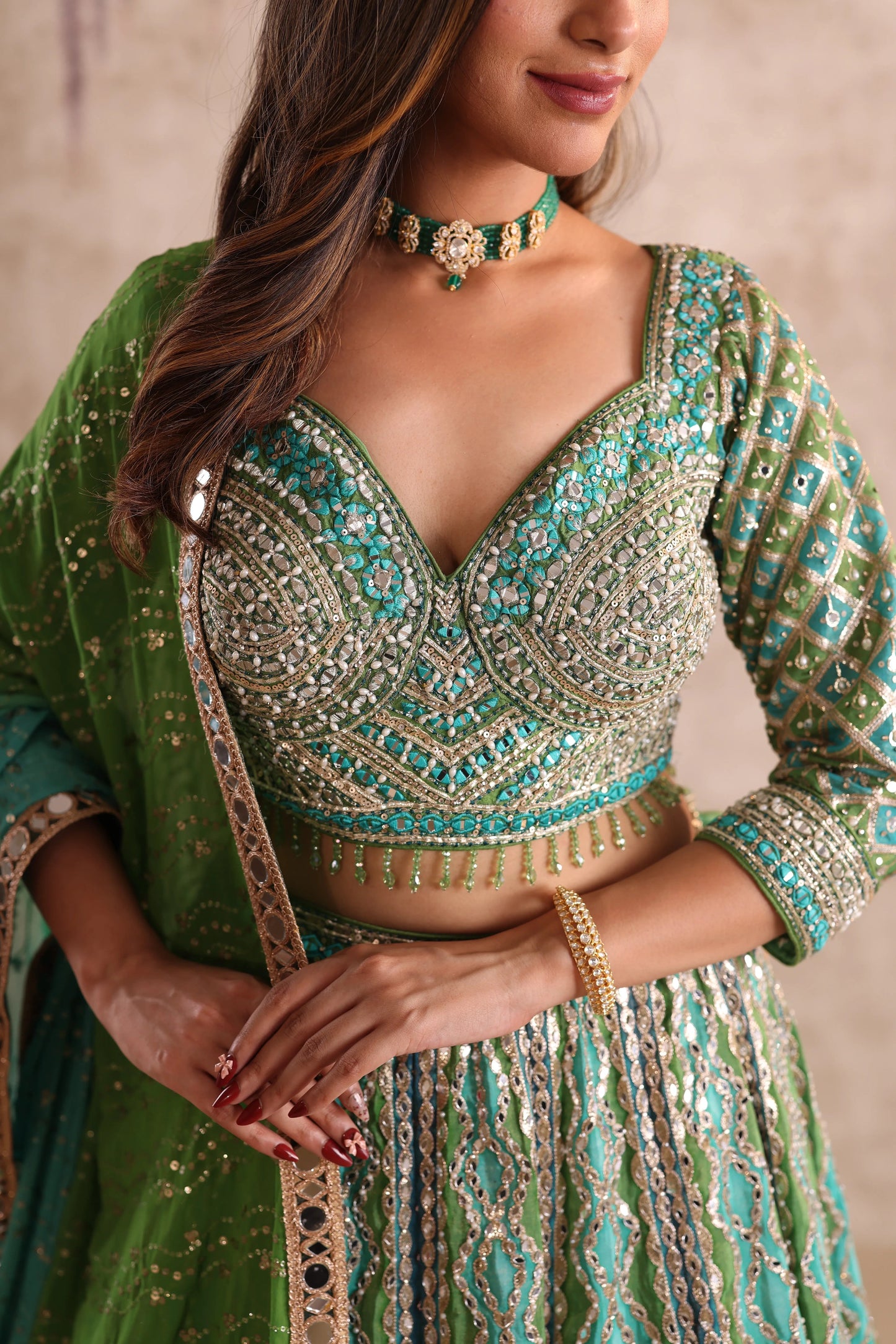 Green Mirror Work Bridesmaid Lehenga for Mehendi