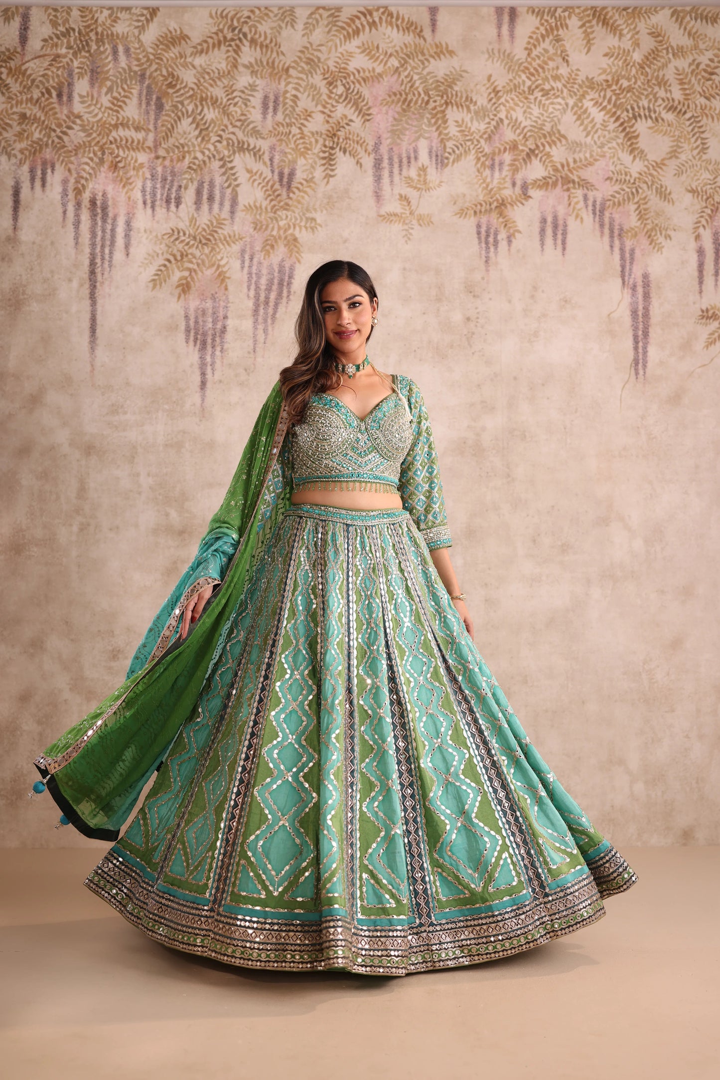 Green Mirror Work Bridesmaid Lehenga for Mehendi
