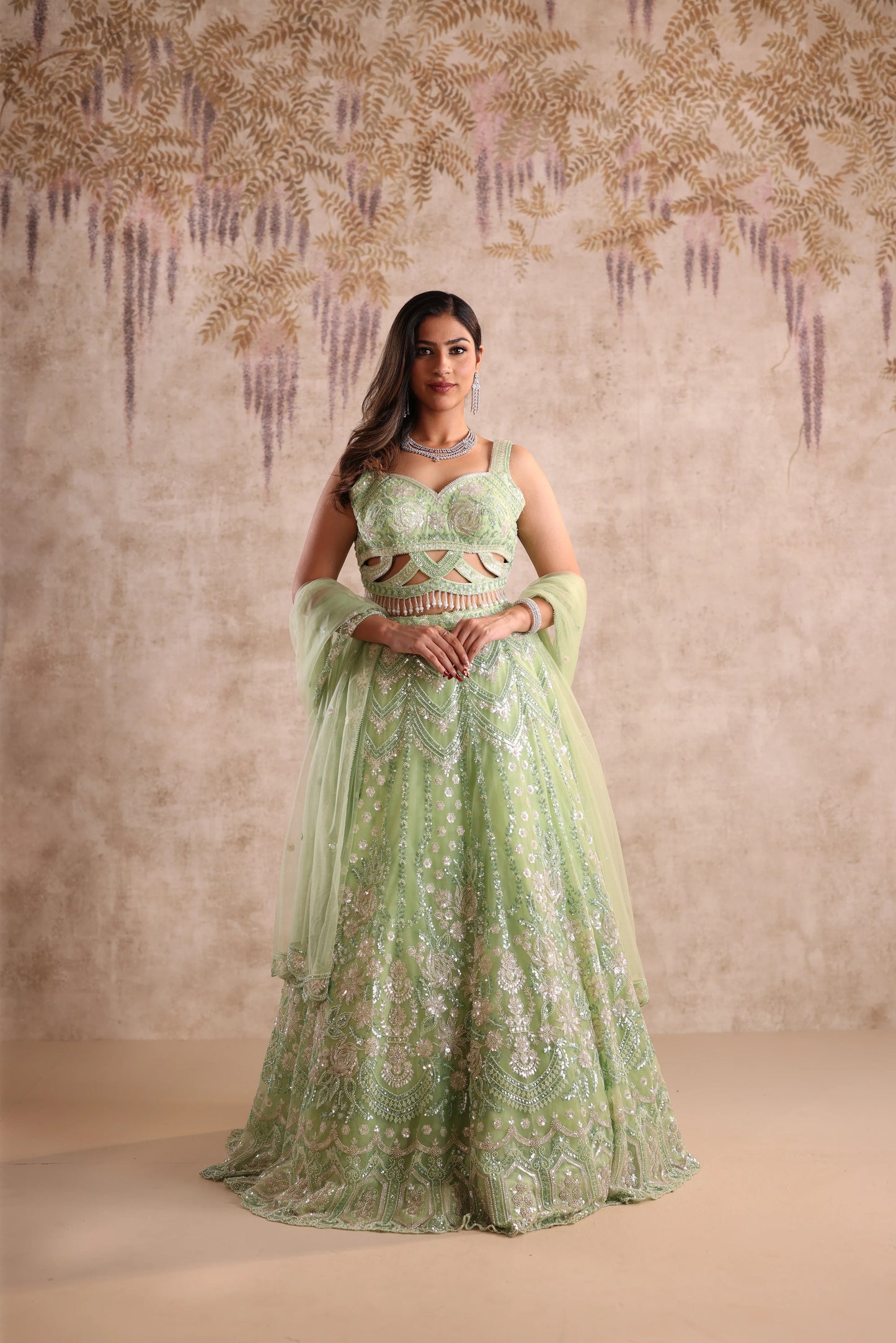 Green Sequin and Thread Embroidered Net Wedding Lehenga for Mehendi