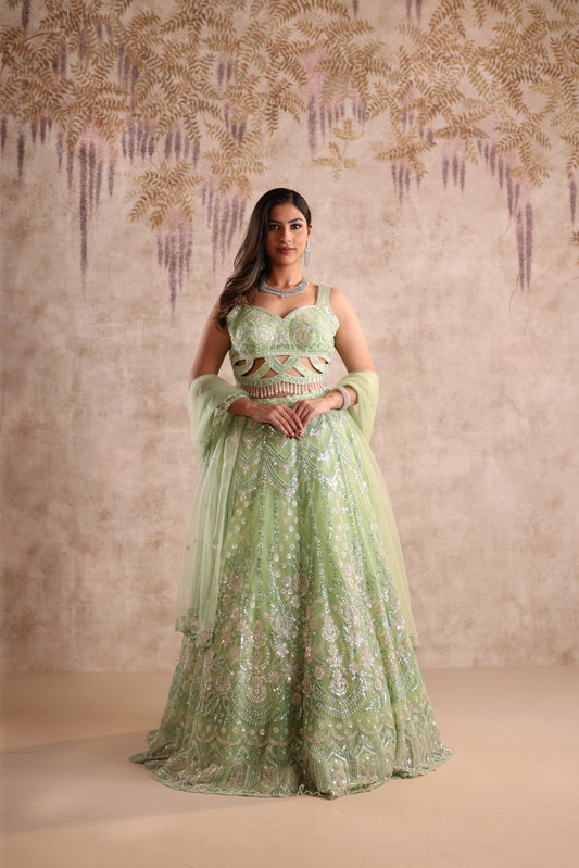 Green Sequin and Thread Embroidered Net Wedding Lehenga for Mehendi