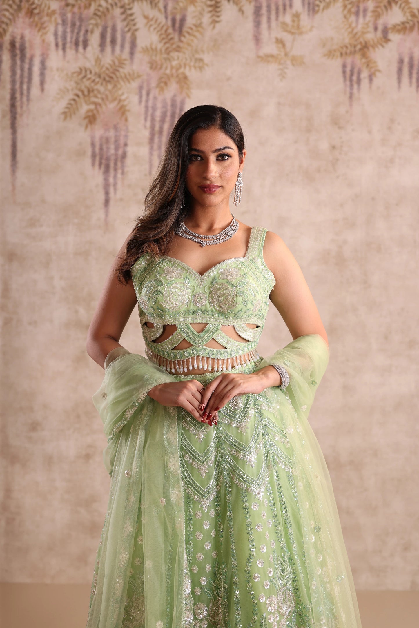 Green Sequin and Thread Embroidered Net Wedding Lehenga for Mehendi