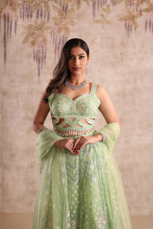 Green Sequin and Thread Embroidered Net Wedding Lehenga for Mehendi
