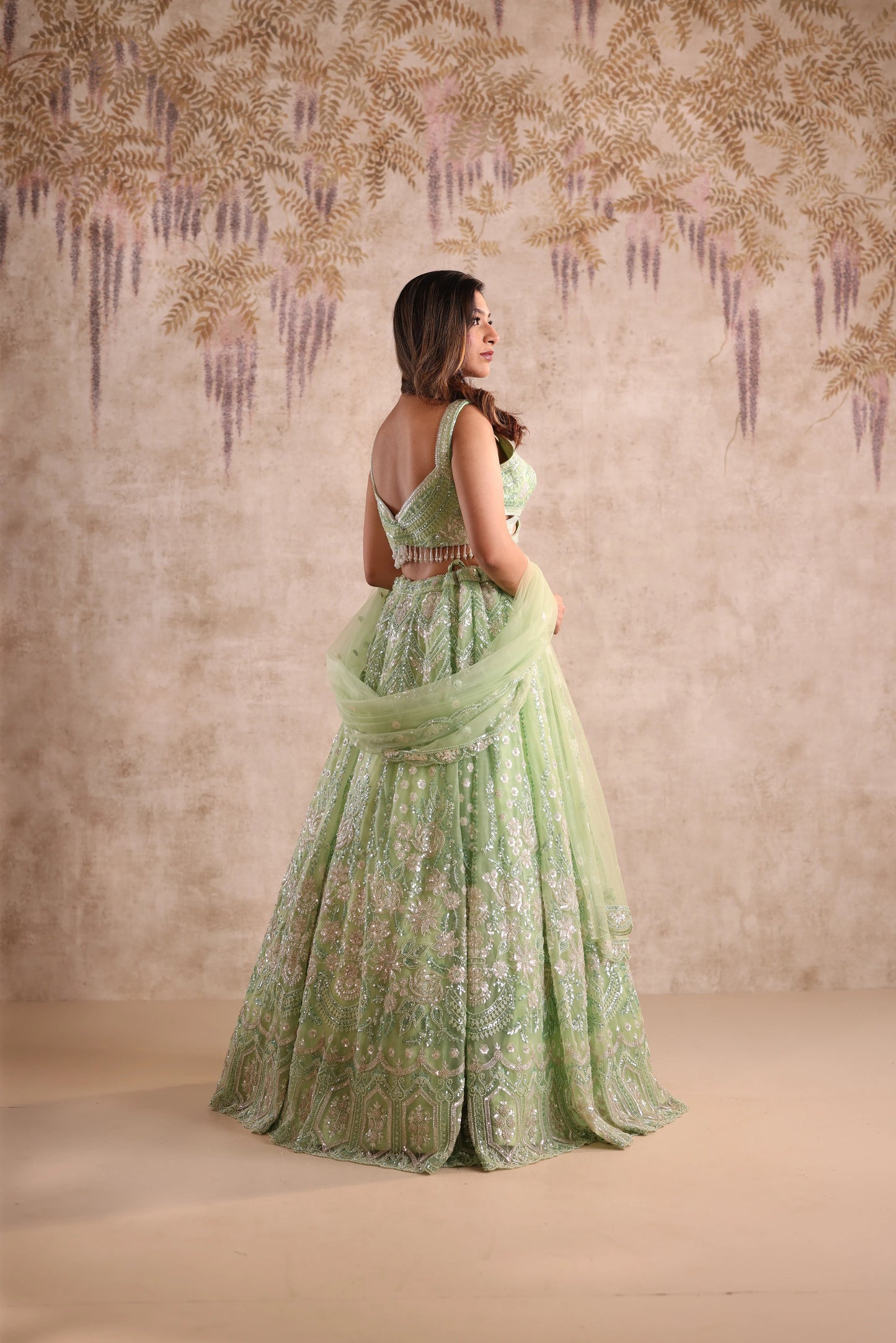 Green Sequin and Thread Embroidered Net Wedding Lehenga for Mehendi