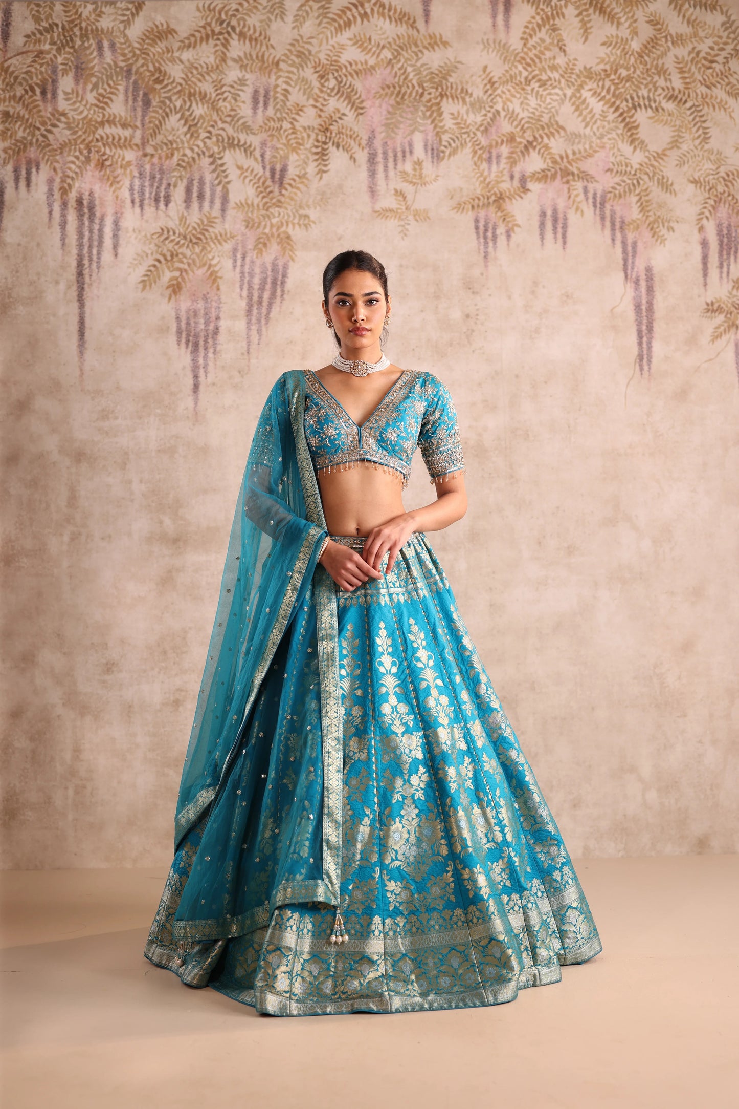 Sky Blue Zari Woven Wedding Lehenga