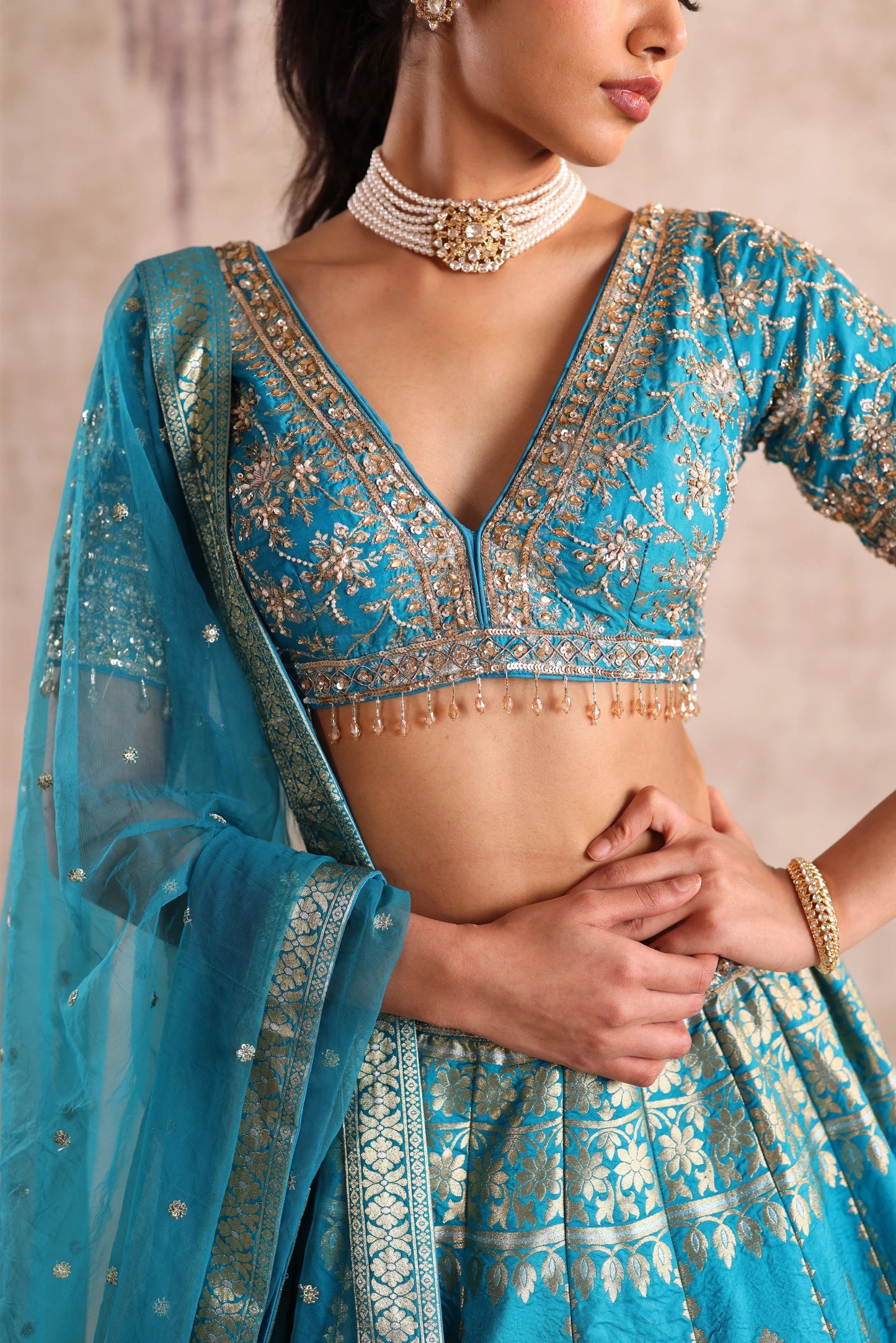 Sky Blue Zari Woven Wedding Lehenga