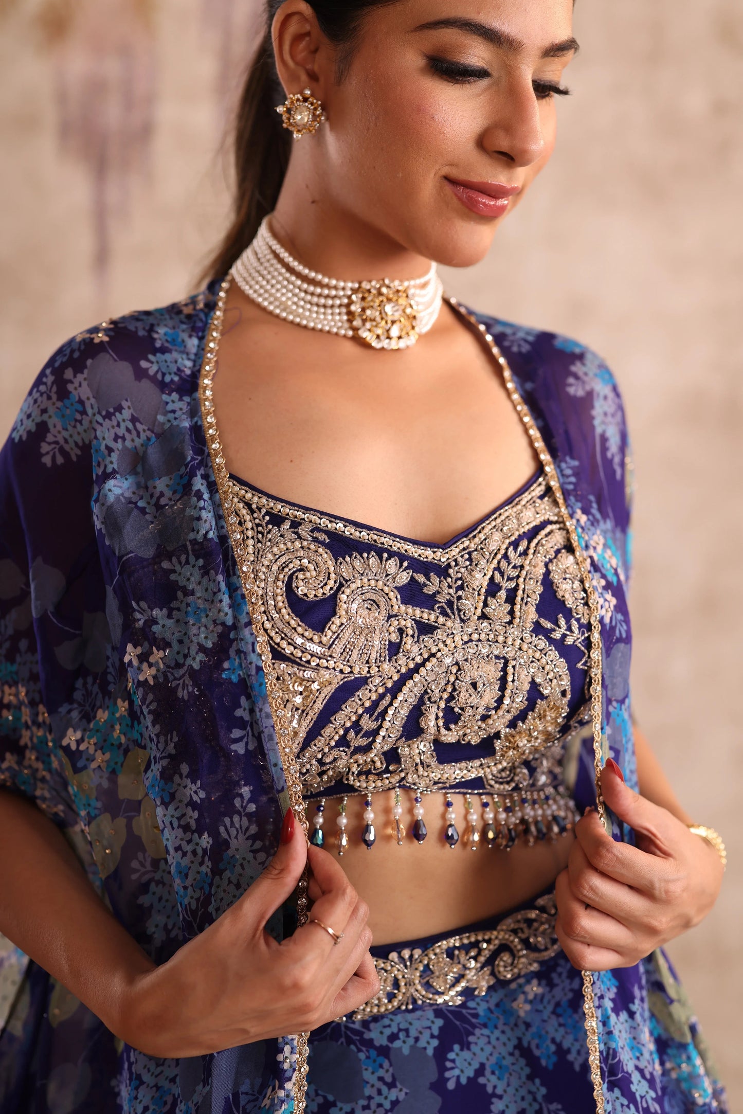 Blue Floral Embroidered Bridesmaid Lehenga Set for Sangeet