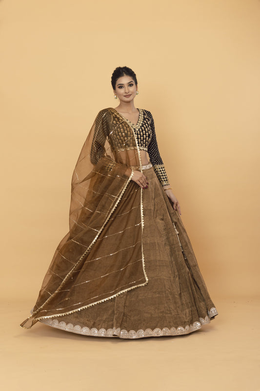 Brown Tissue Pearls, And Mirror Work Lehenga for Wedding Guest
