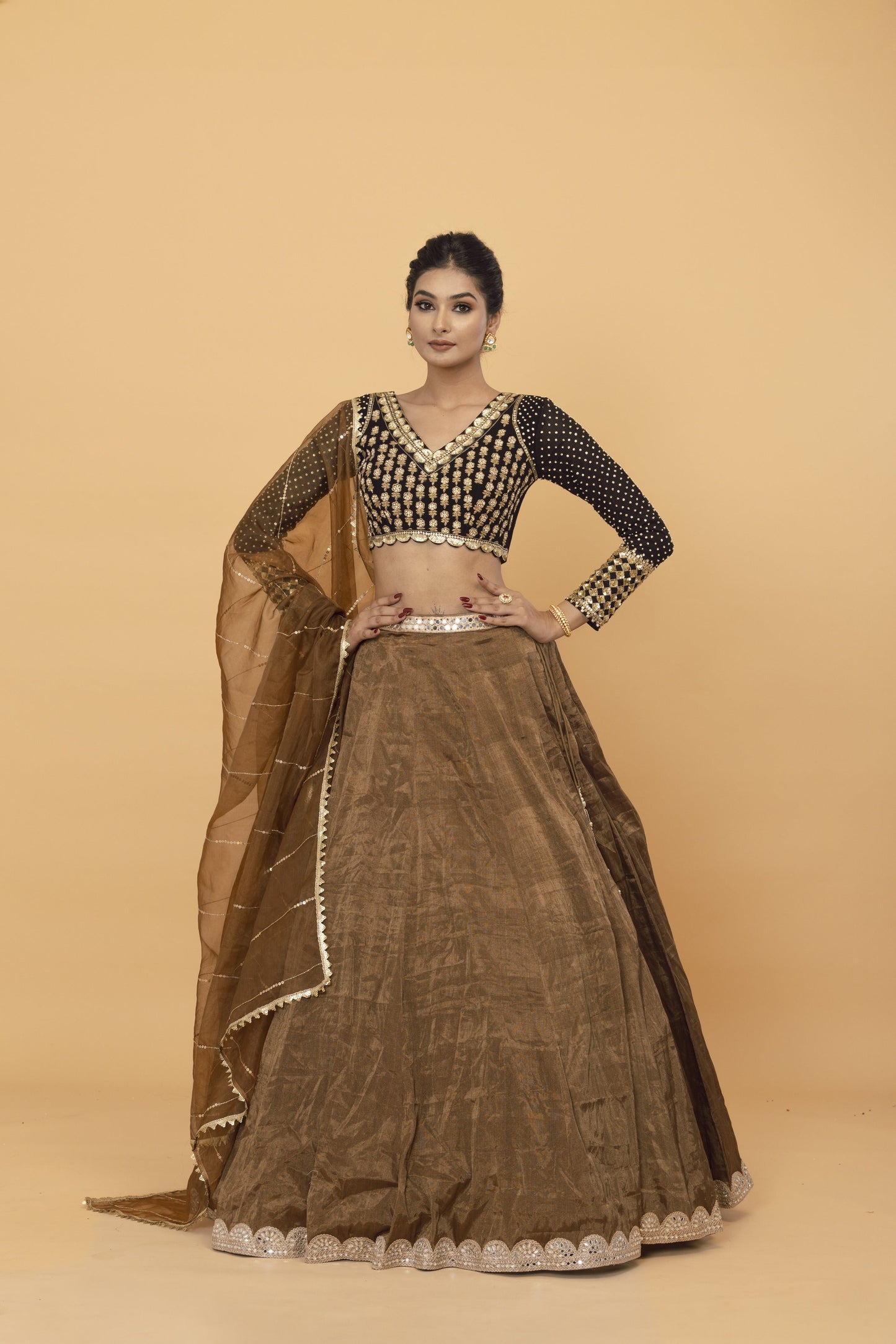 Brown Tissue Pearls, And Mirror Work Lehenga for Wedding Guest