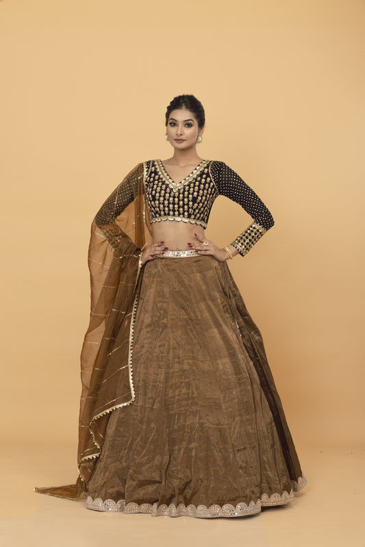 Brown Tissue Pearls, And Mirror Work Lehenga for Wedding Guest