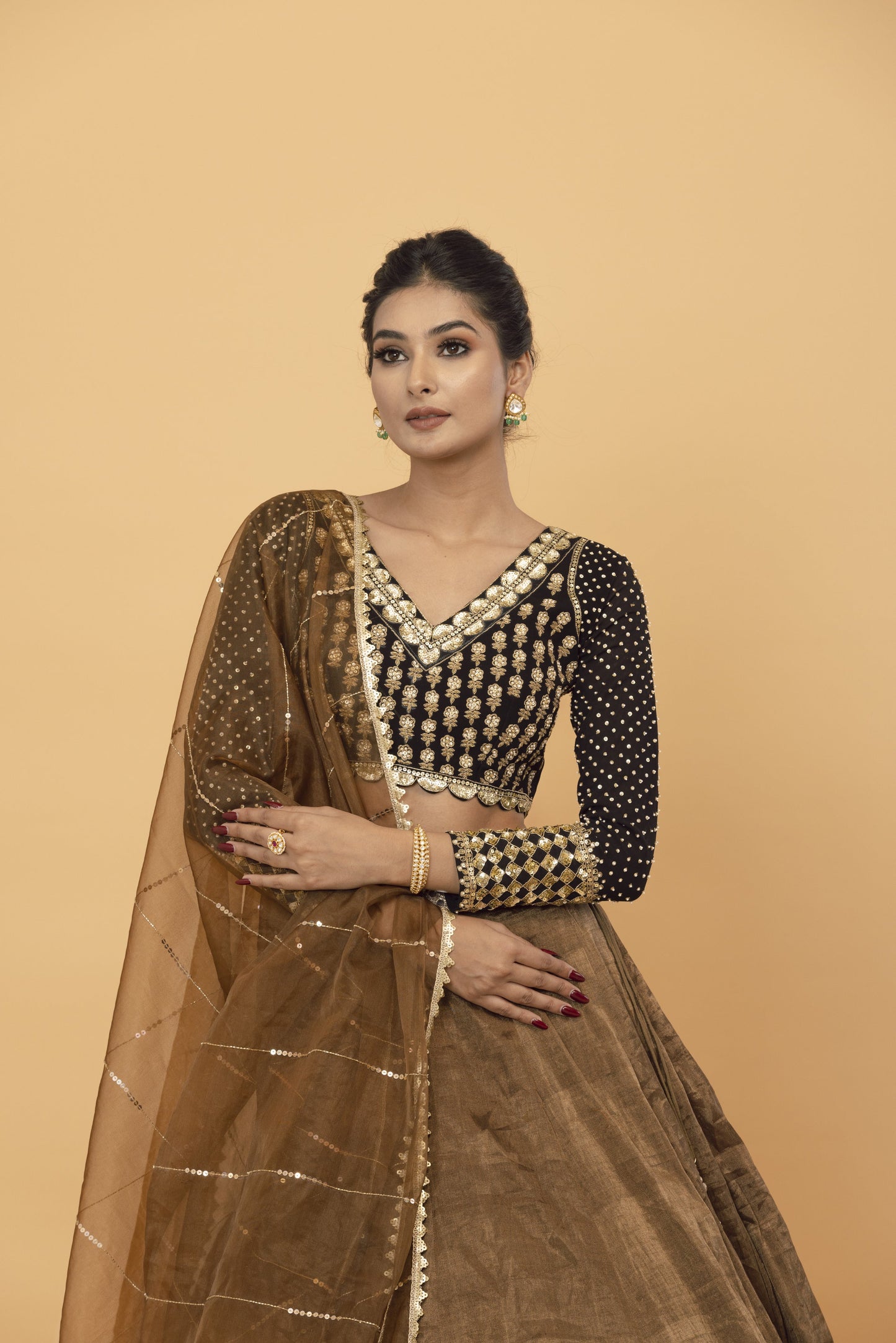 Brown Tissue Pearls, And Mirror Work Lehenga for Wedding Guest