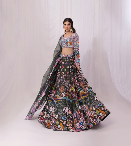 Green Sequins Embroidered Silk Sangeet  Lehenga