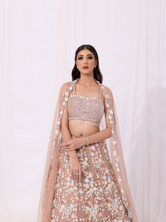 Peach Sequins Embroidery Net Bridesmaid Lehenga