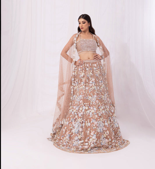 Peach Sequins Embroidery Net Bridesmaid Lehenga