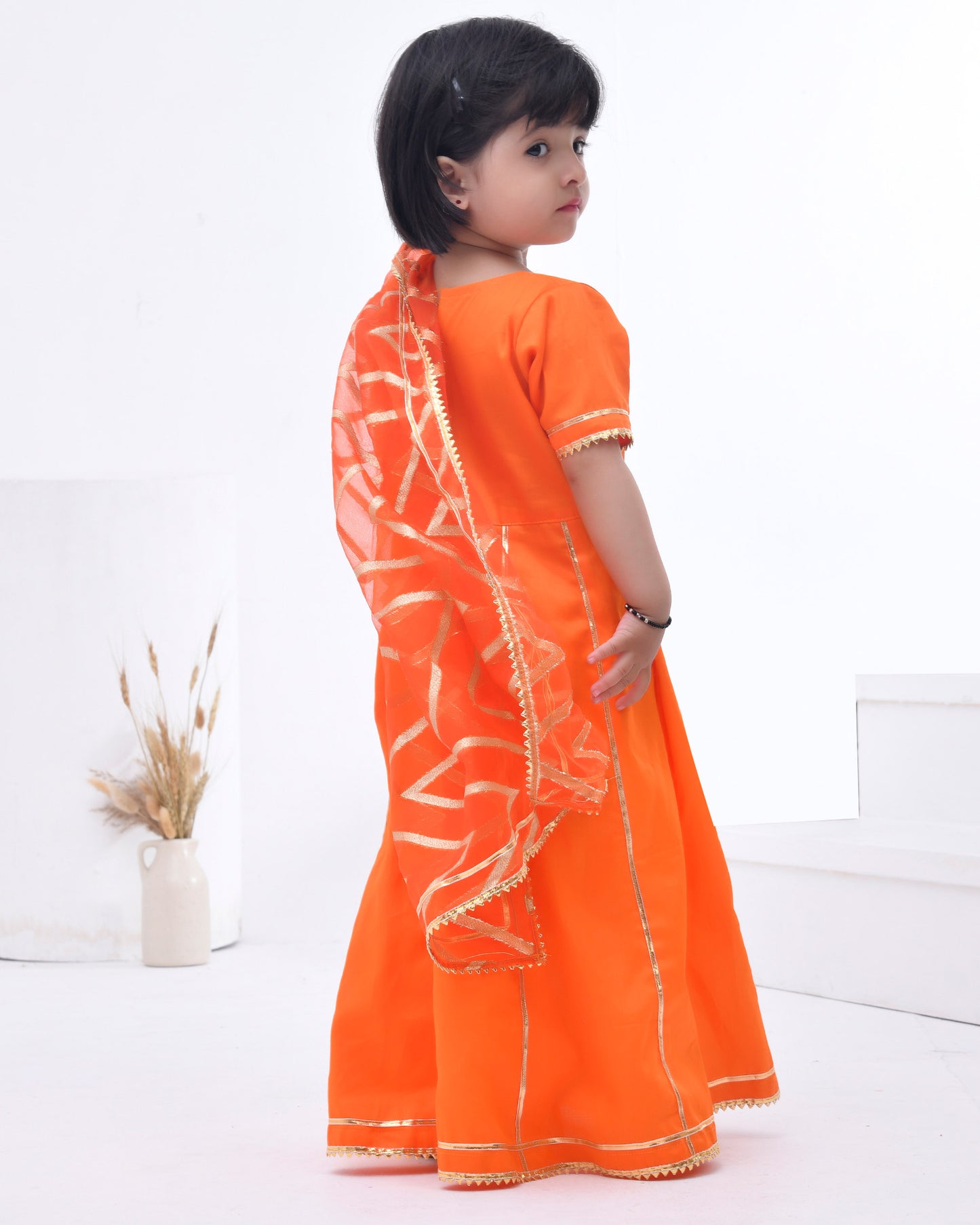 Orange Cotton Silk Embellished Anarkali Set