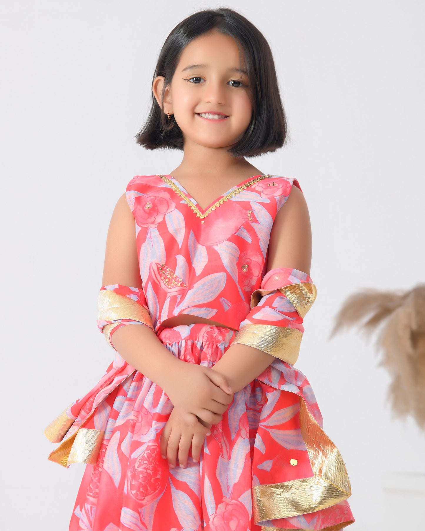 Pink Floral Chanderi Lehenga Set