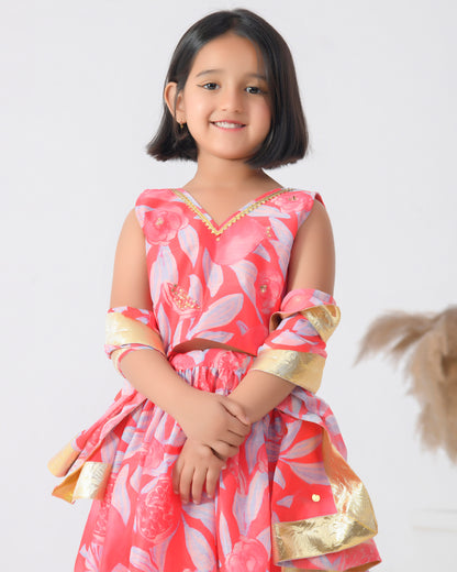 Pink Floral Chanderi Lehenga Set