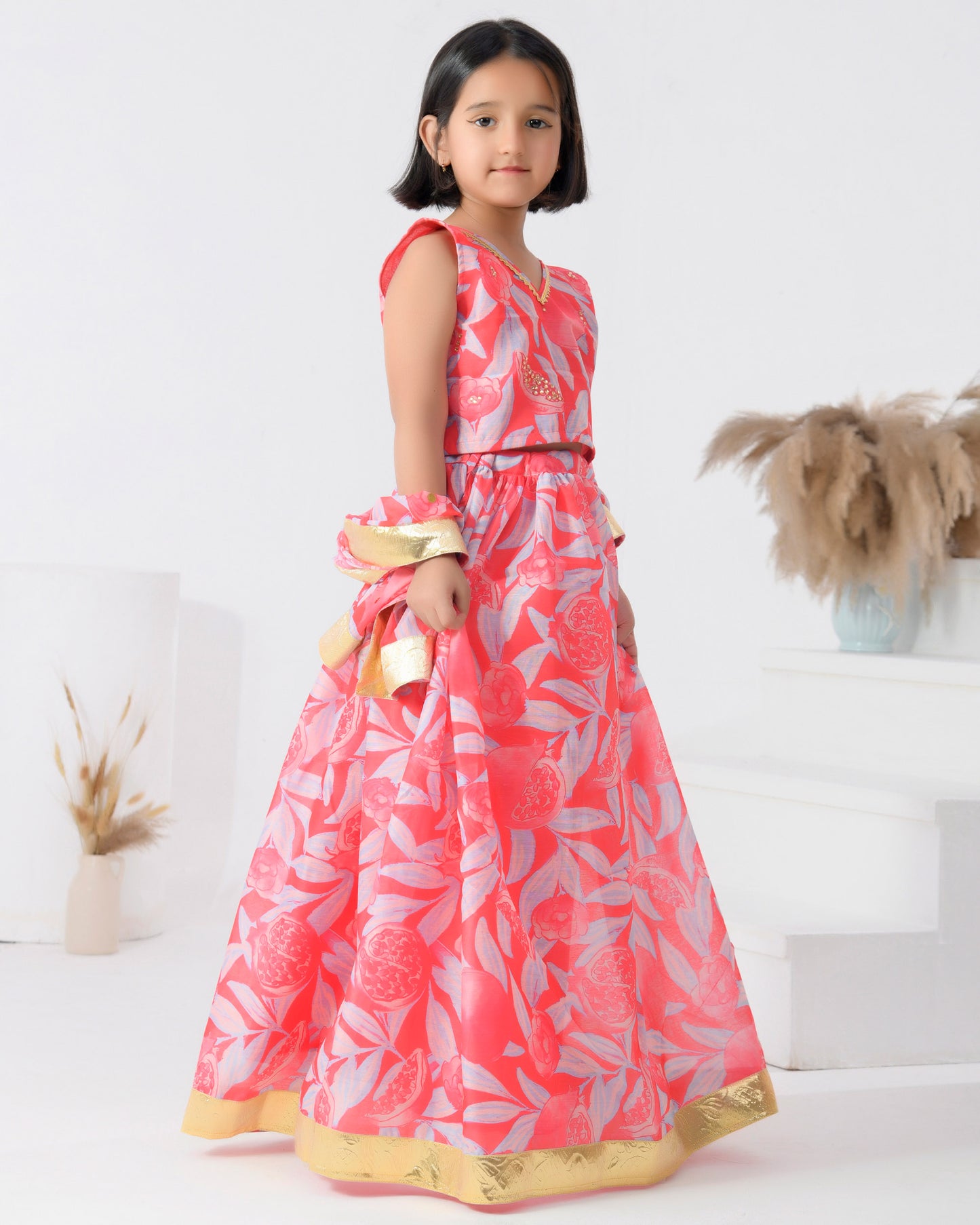 Pink Floral Chanderi Lehenga Set