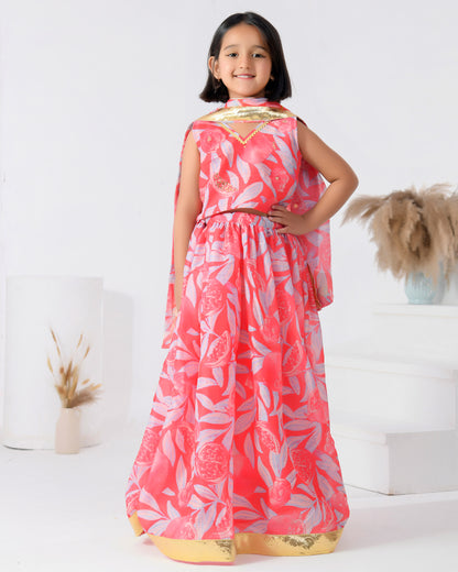 Pink Floral Chanderi Lehenga Set