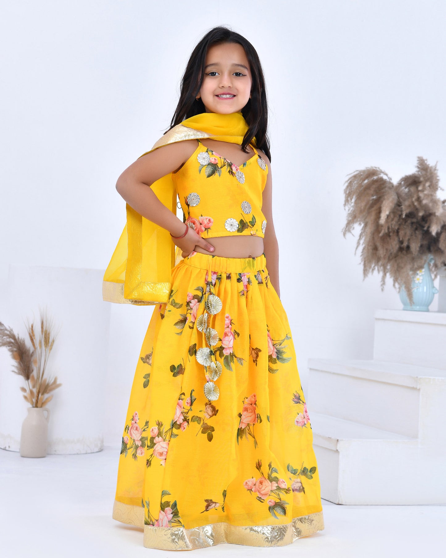 Yellow Floral Printed Chanderi Lehenga Set