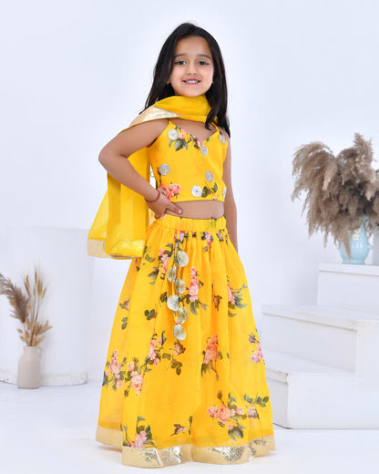 Yellow Floral Printed Chanderi Lehenga Set