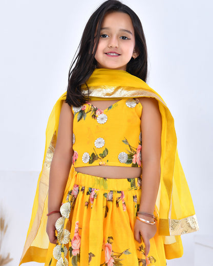 Yellow Floral Printed Chanderi Lehenga Set