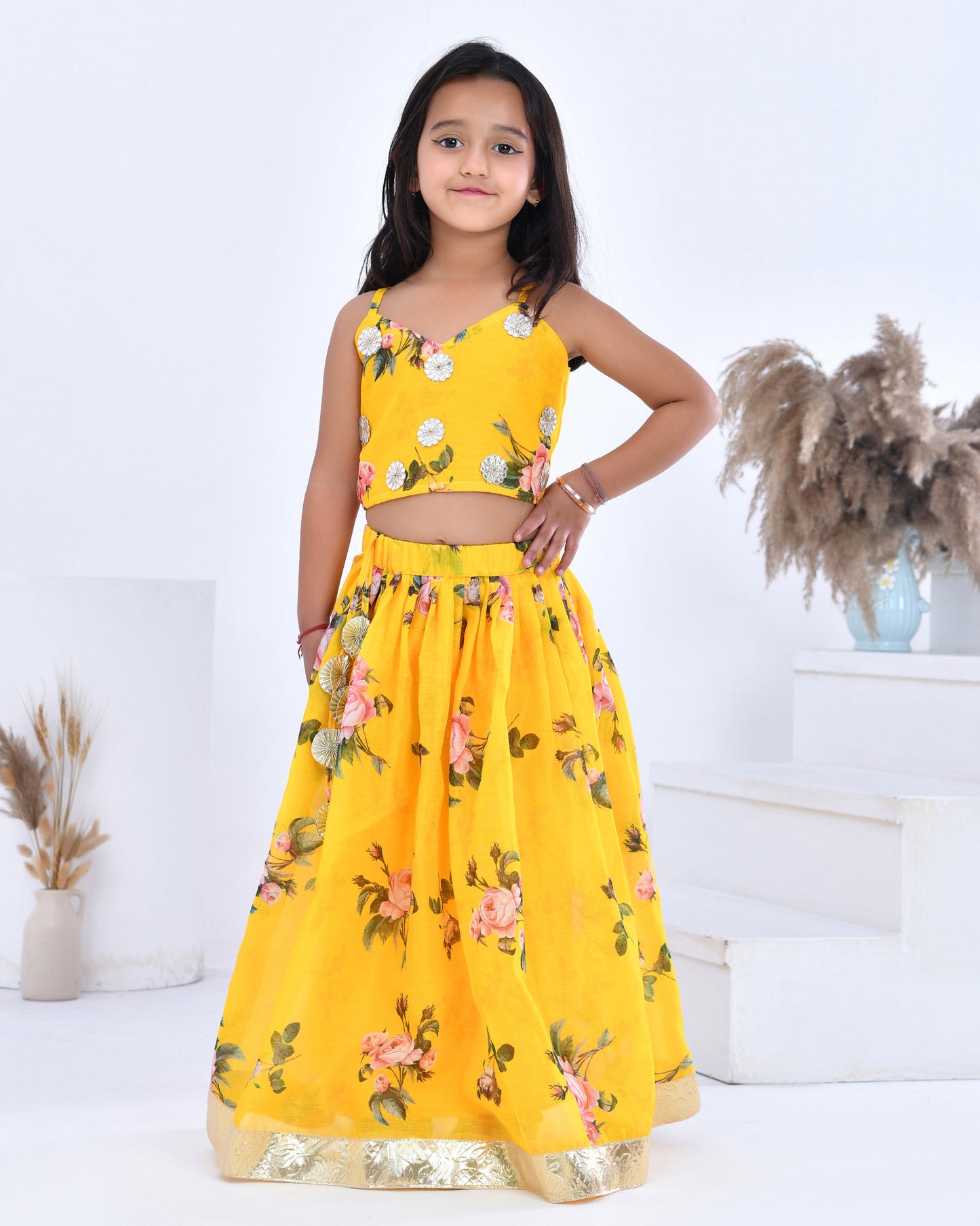 Yellow Floral Printed Chanderi Lehenga Set