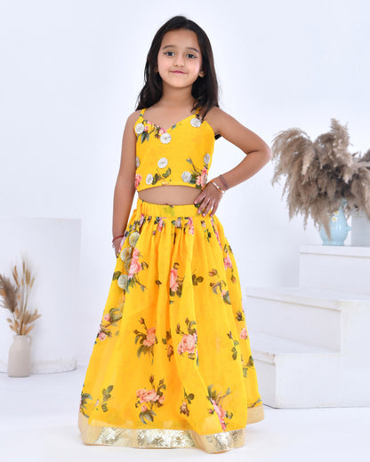 Yellow Floral Printed Chanderi Lehenga Set