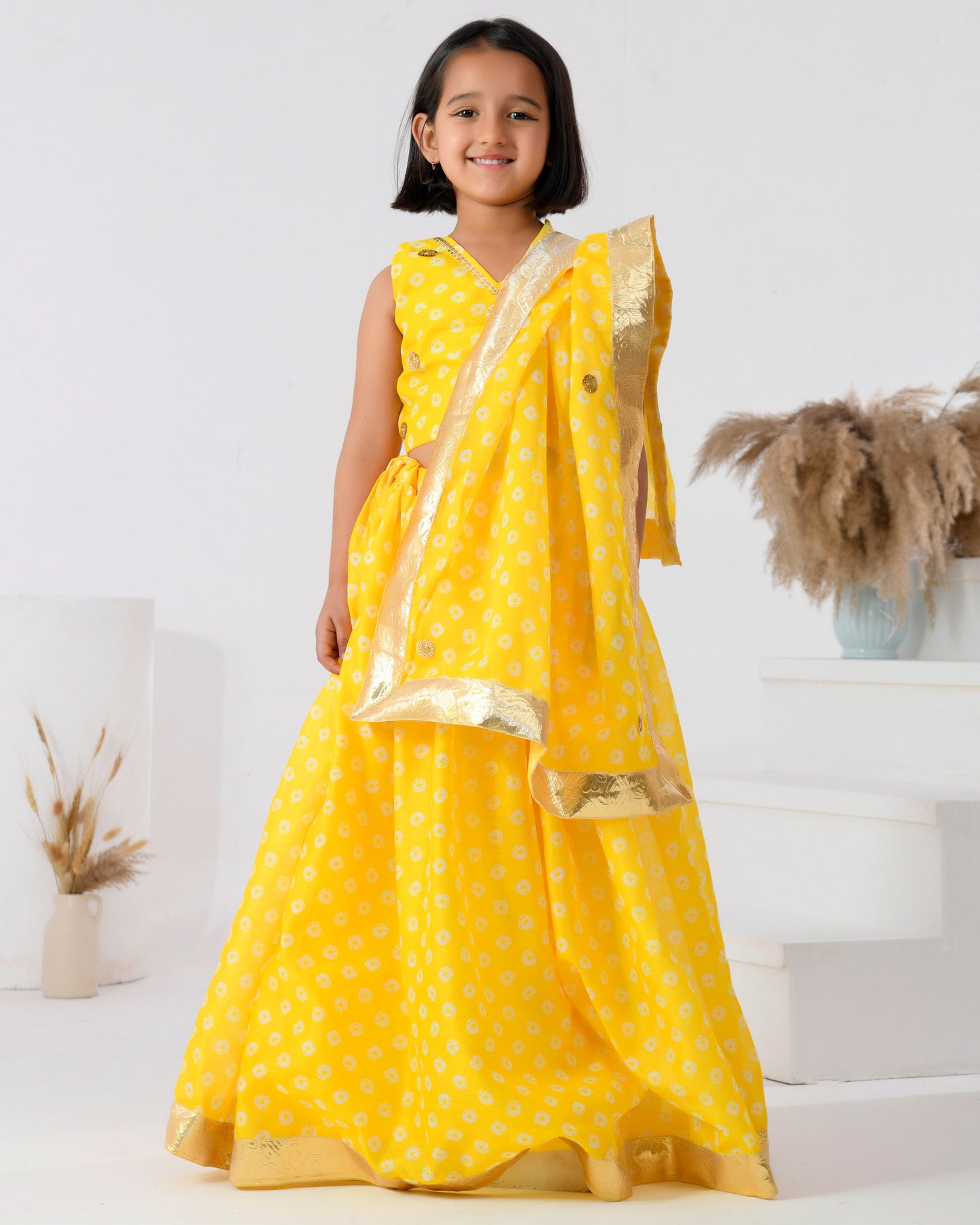 Yellow Bandhani Chanderi Lehenga Set