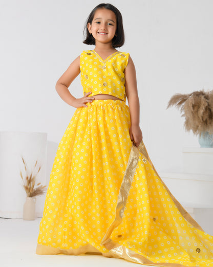 Yellow Bandhani Chanderi Lehenga Set