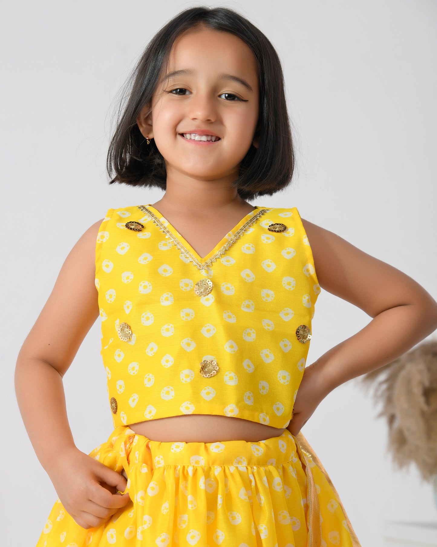 Yellow Bandhani Chanderi Lehenga Set