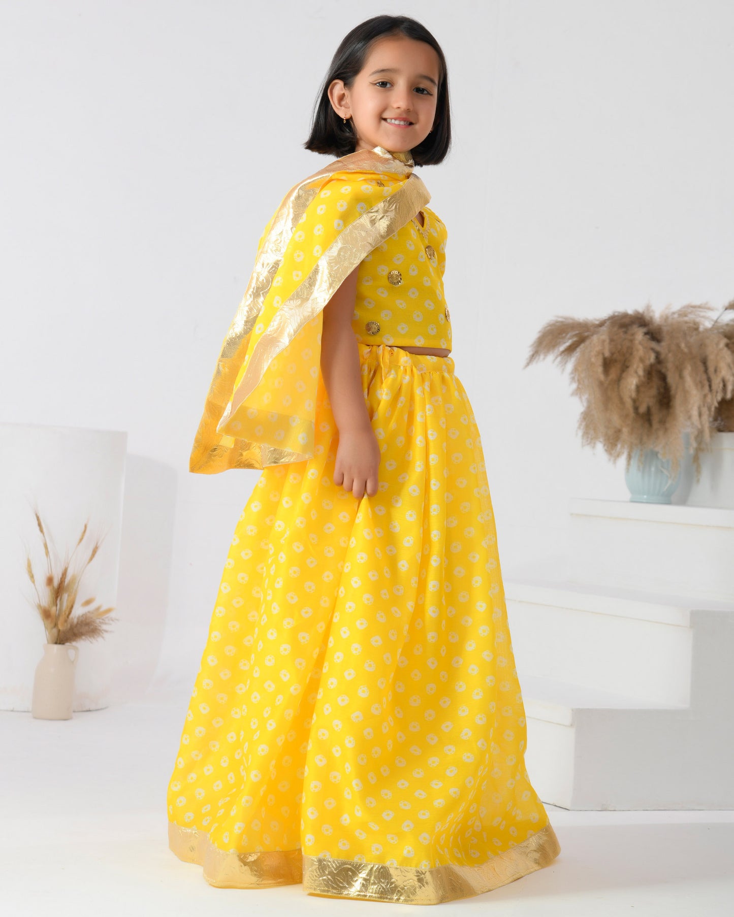 Yellow Bandhani Chanderi Lehenga Set