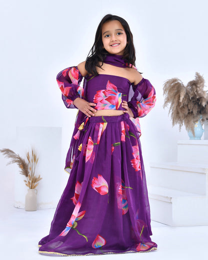 Purple Floral Printed Chiffon Lehenga Set
