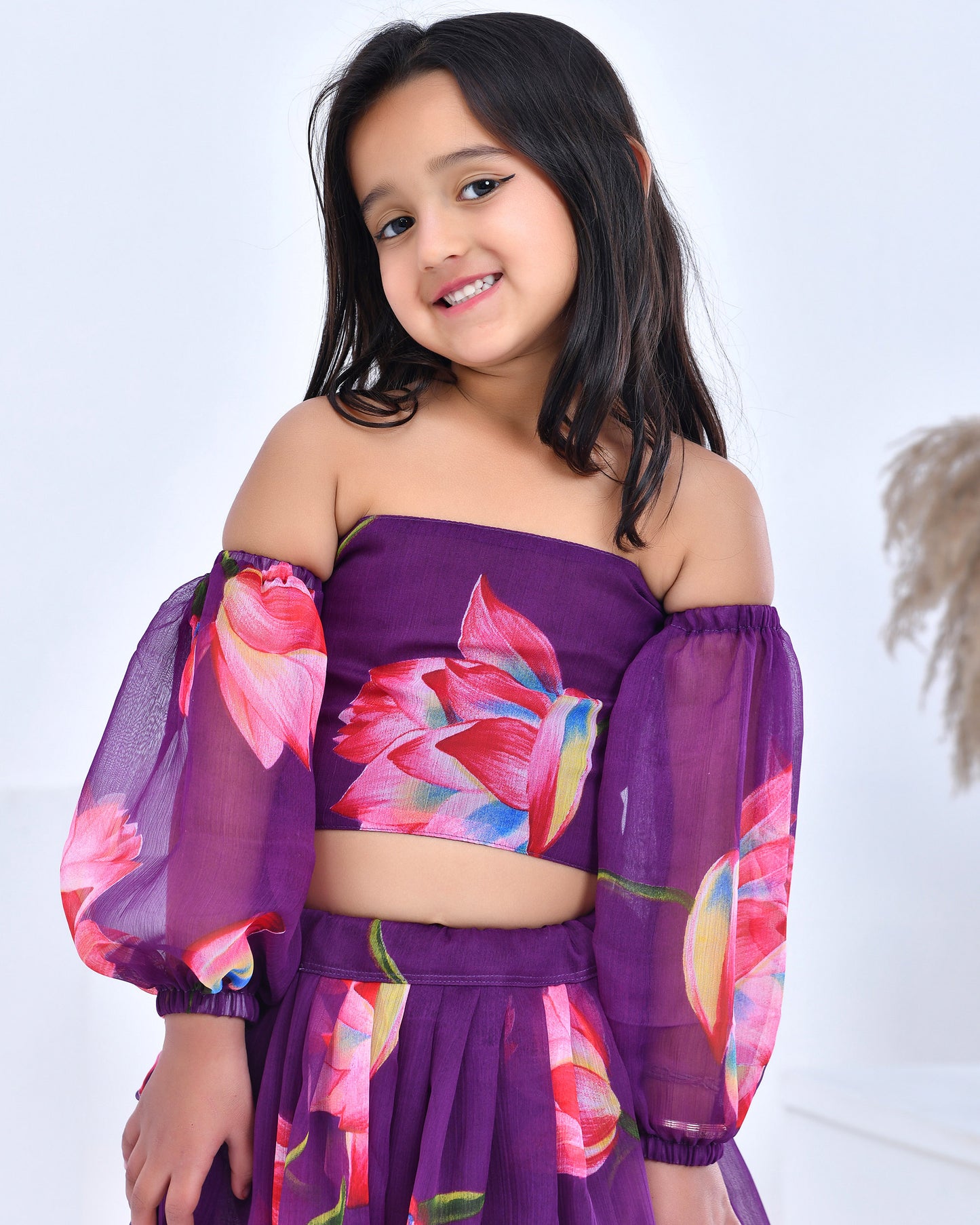 Purple Floral Printed Chiffon Lehenga Set