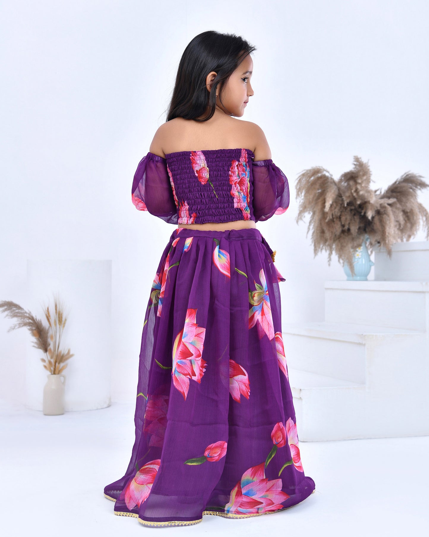 Purple Floral Printed Chiffon Lehenga Set