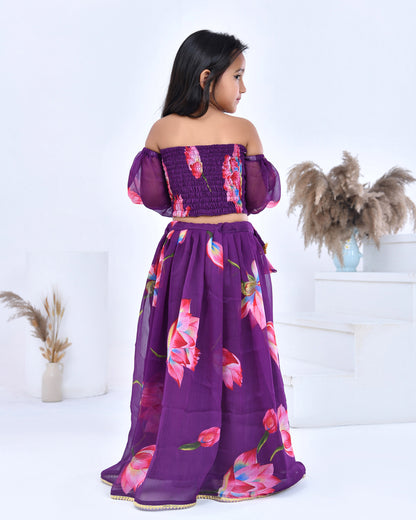 Purple Floral Printed Chiffon Lehenga Set