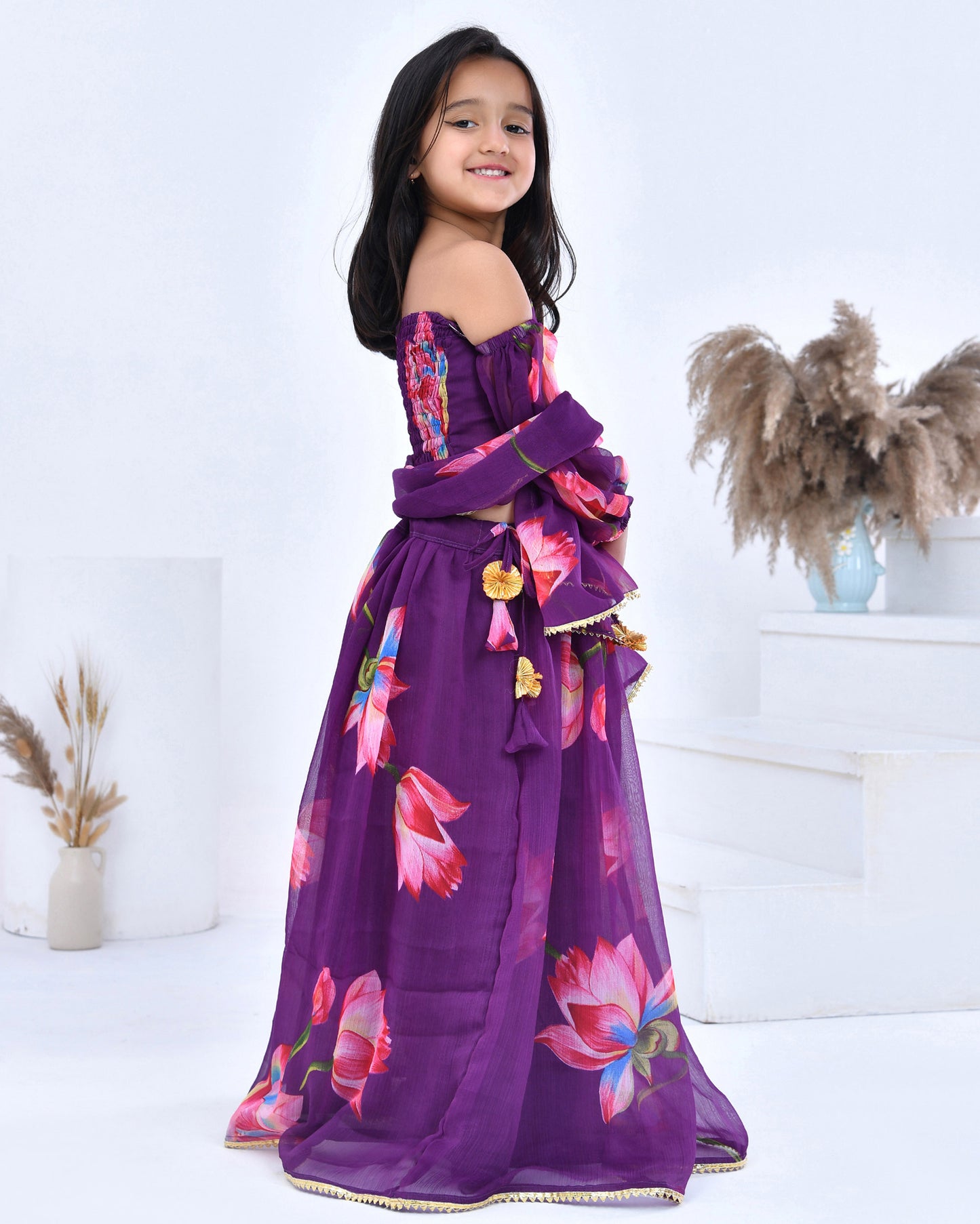 Purple Floral Printed Chiffon Lehenga Set