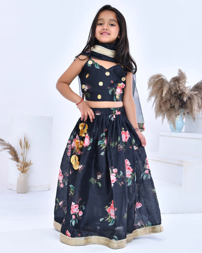 Black Floral Printed Chanderi Lehenga Set