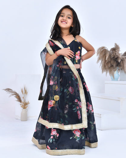 Black Floral Printed Chanderi Lehenga Set