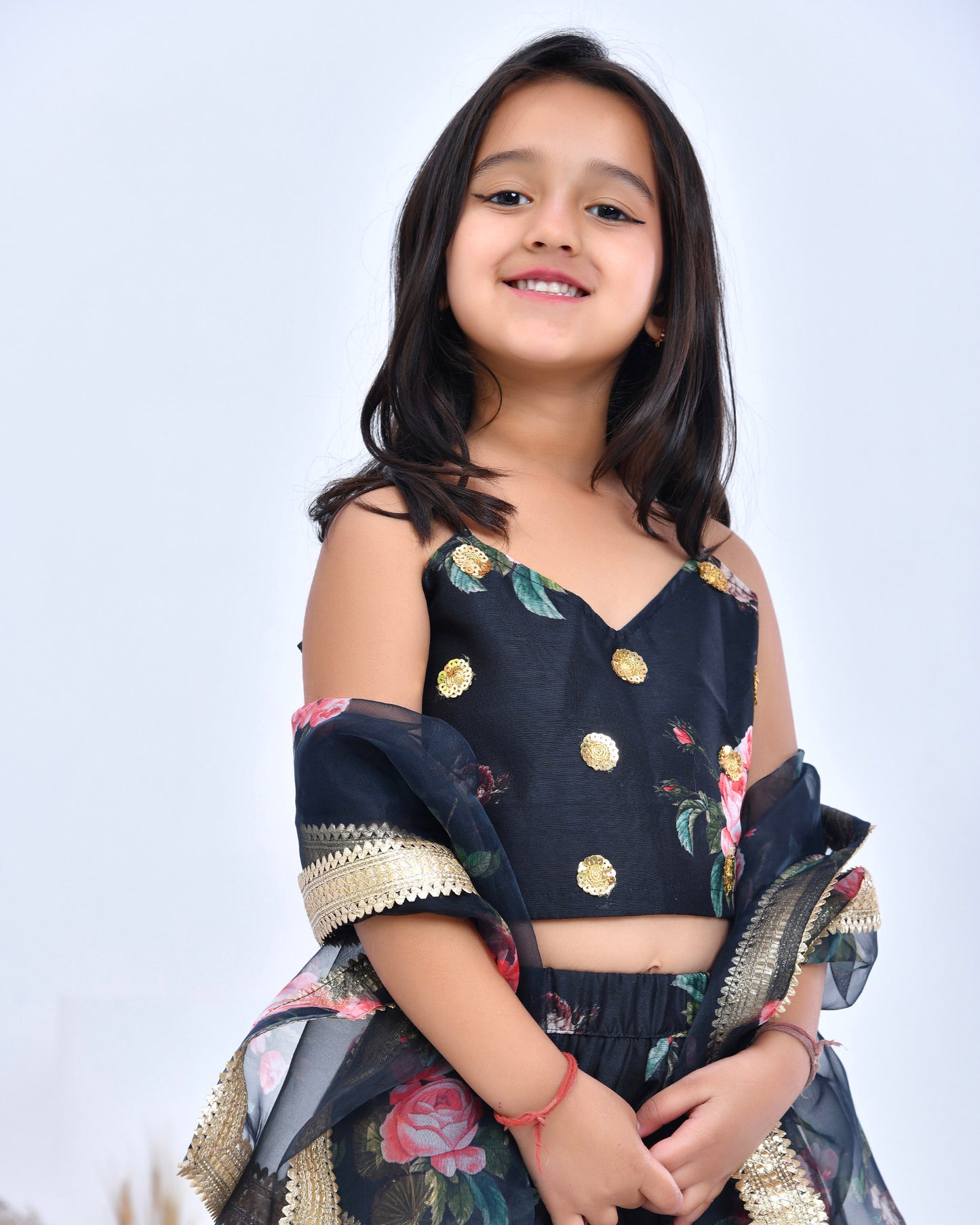 Black Floral Printed Chanderi Lehenga Set