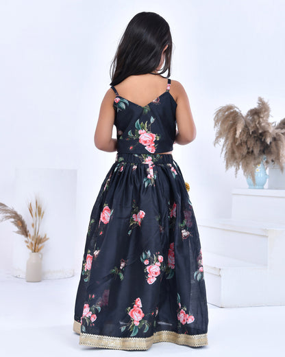 Black Floral Printed Chanderi Lehenga Set