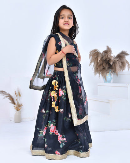 Black Floral Printed Chanderi Lehenga Set