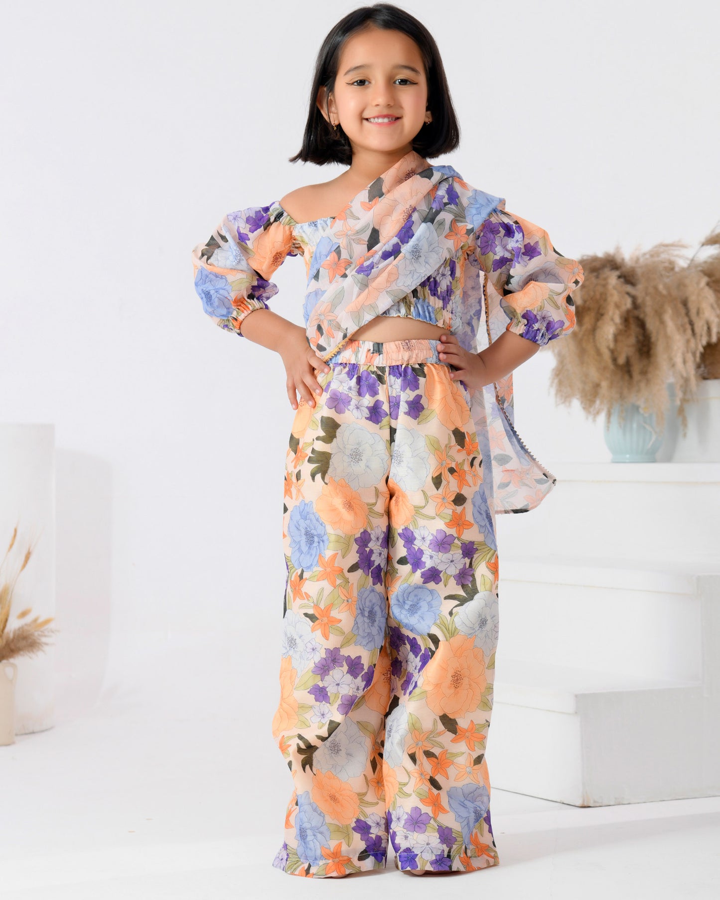 Peach Floral Chanderi Palazzo Saree