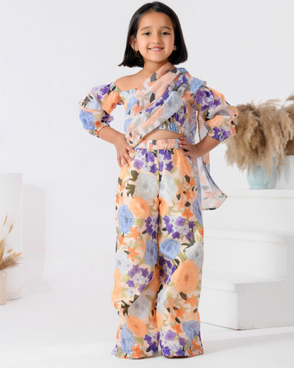 Peach Floral Chanderi Palazzo Saree