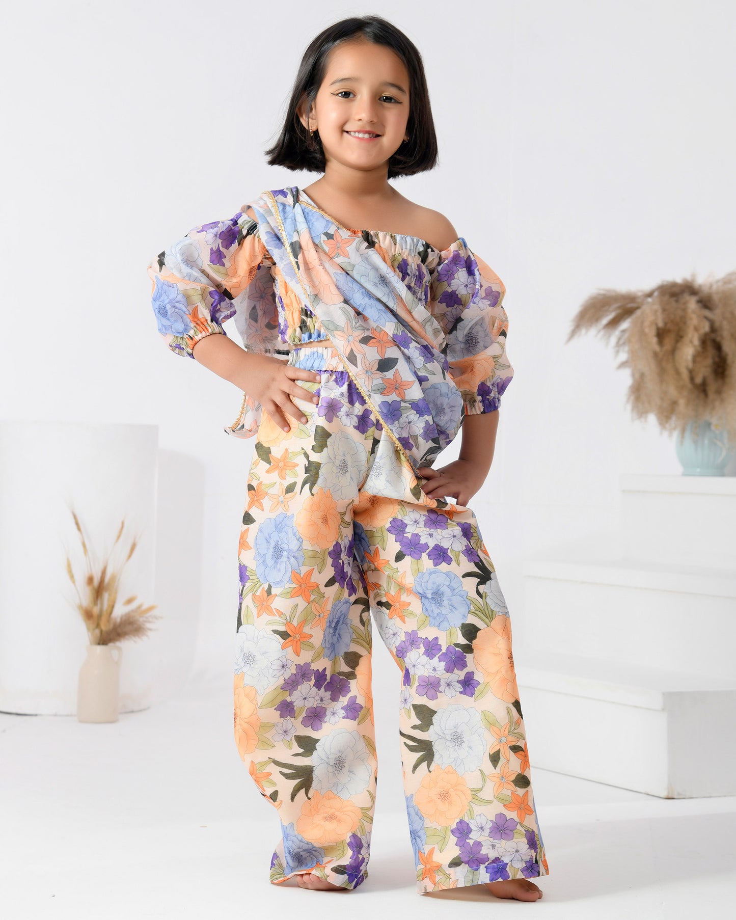 Peach Floral Chanderi Palazzo Saree