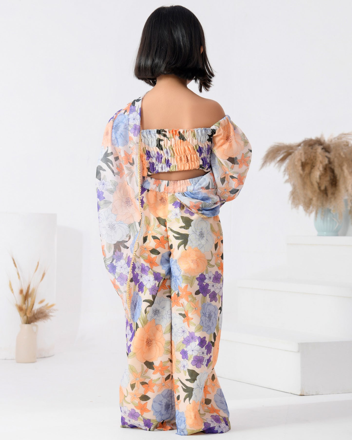 Peach Floral Chanderi Palazzo Saree