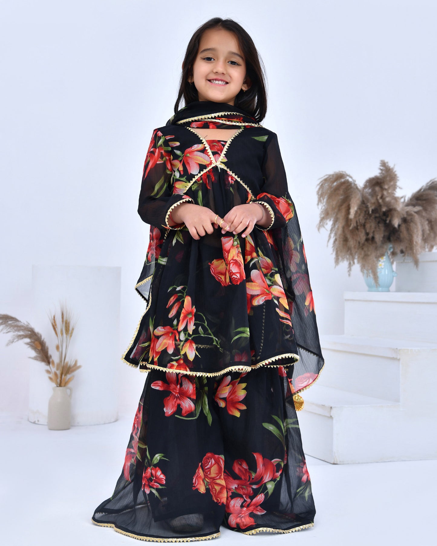 Black Printed Chiffon Sharara Set