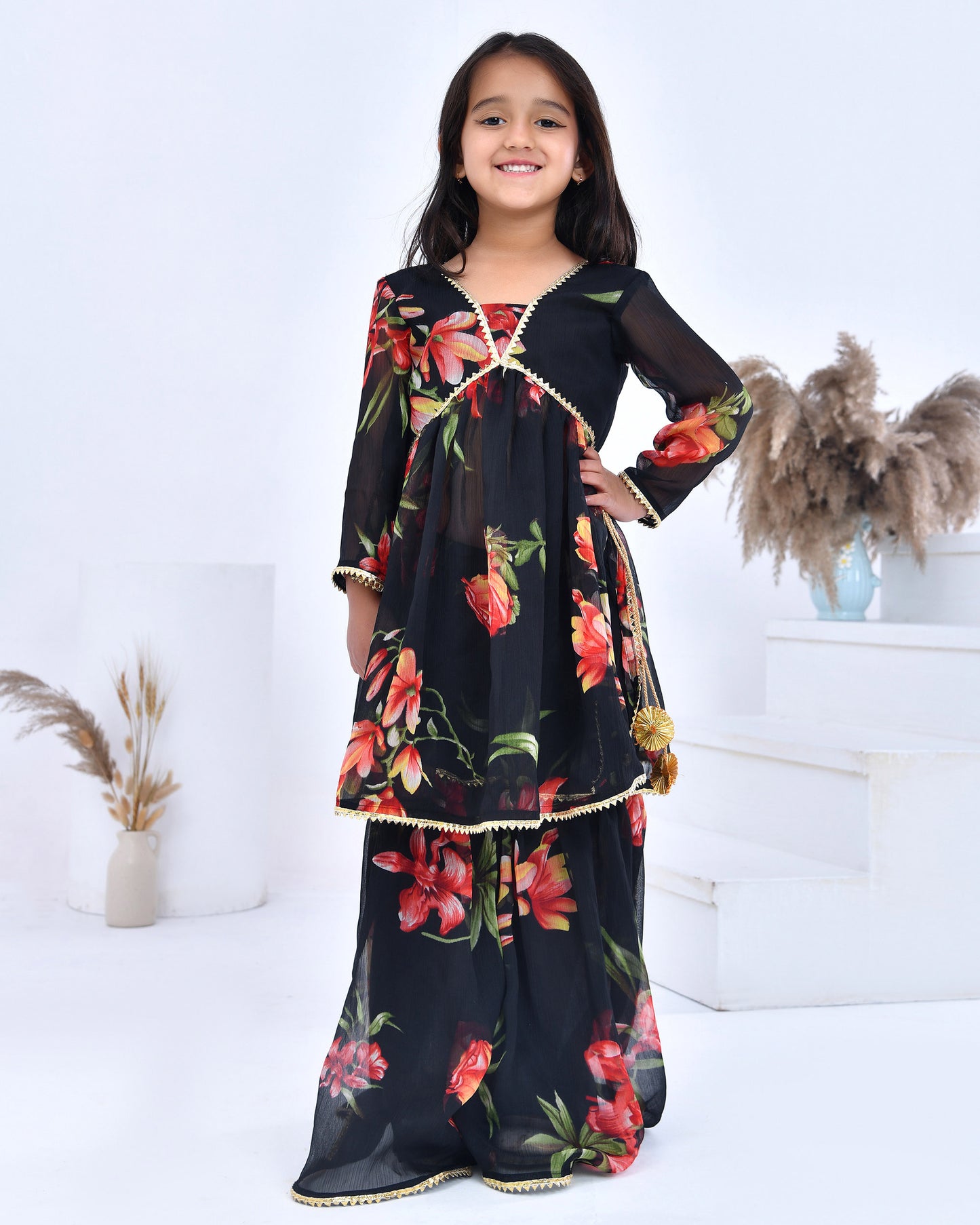 Black Printed Chiffon Sharara Set