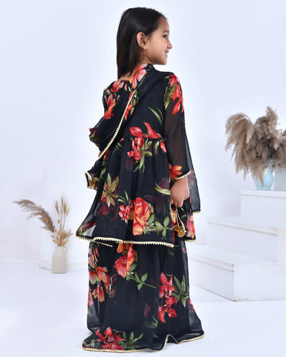 Black Printed Chiffon Sharara Set