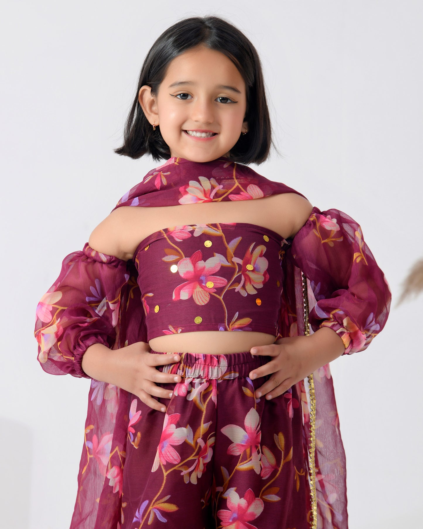 Mauve Floral Chiffon Sharara Set