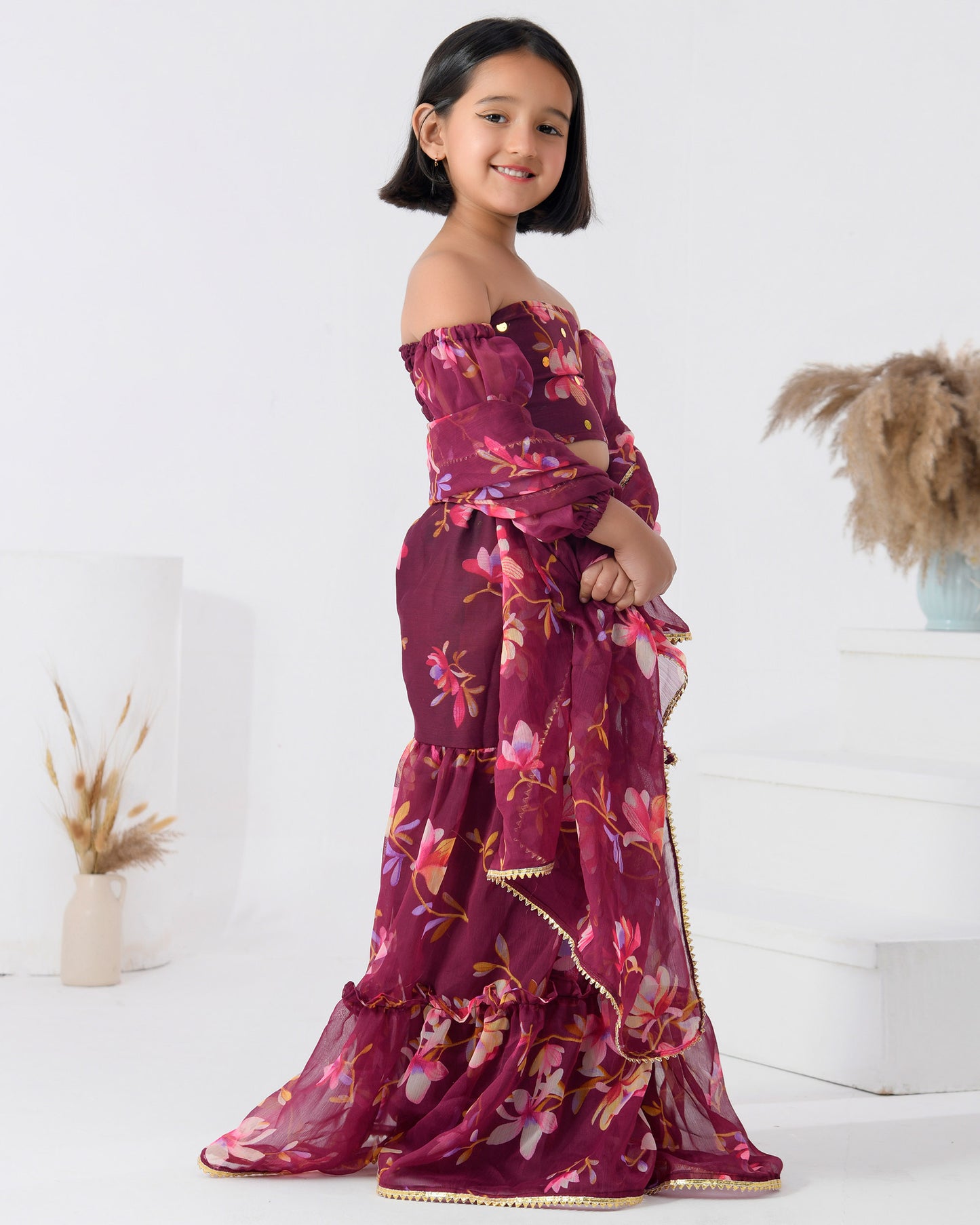 Mauve Floral Chiffon Sharara Set